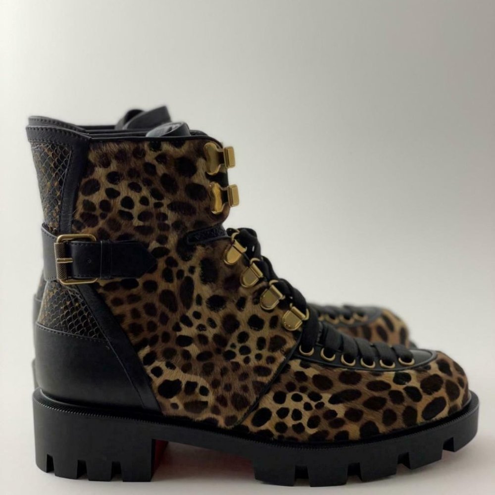 NIB Christian Louboutin MACADEMIA Leopard Pony Lace Up Moto Biker Combat Boots - Picture 8 of 12